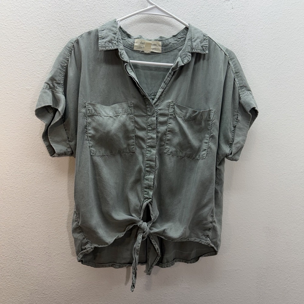 Cloth & Stone Button Down Shirt Womens S 100% Tencel Tie Front Green Minimalist